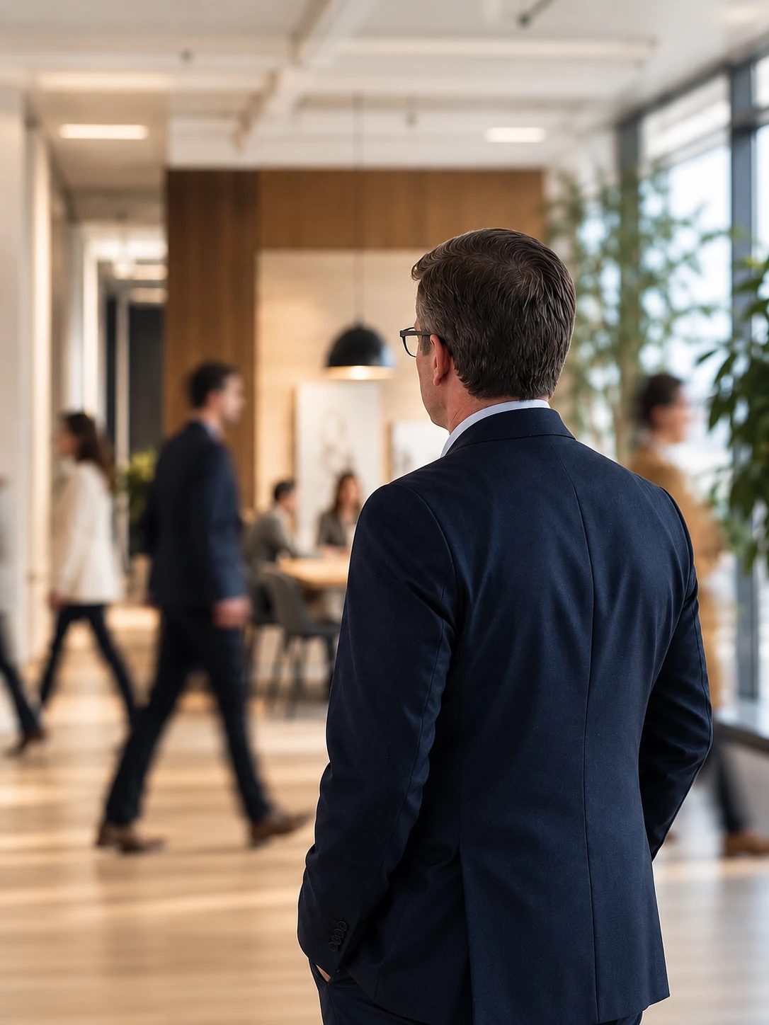 A senior leader standing inside a working office, colleagues in motion around them